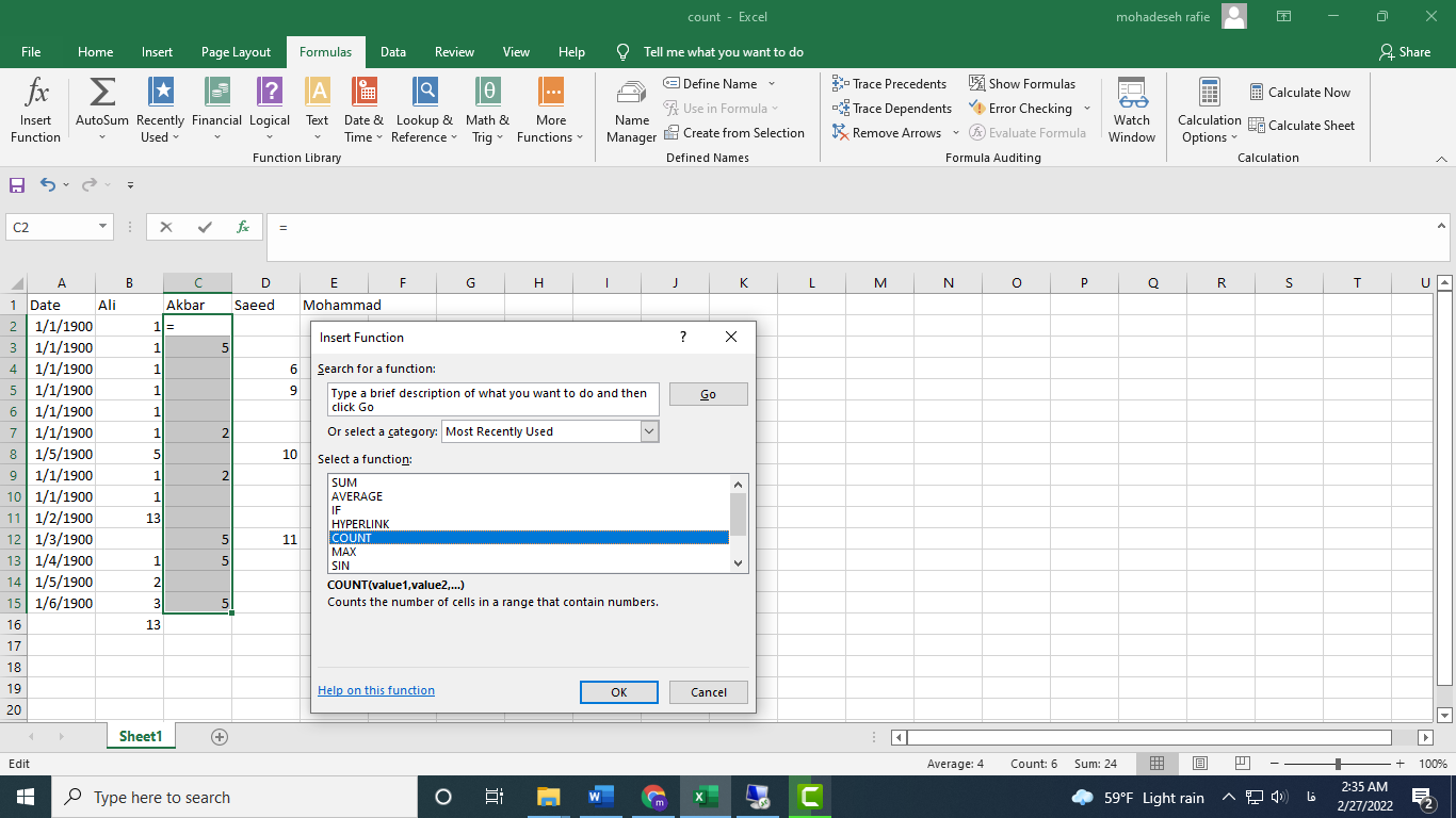 تابع count در اکسل